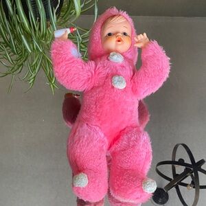Vintage 1950s Rubber Face Baby Doll Bottle Pink Pixie Snow Suit